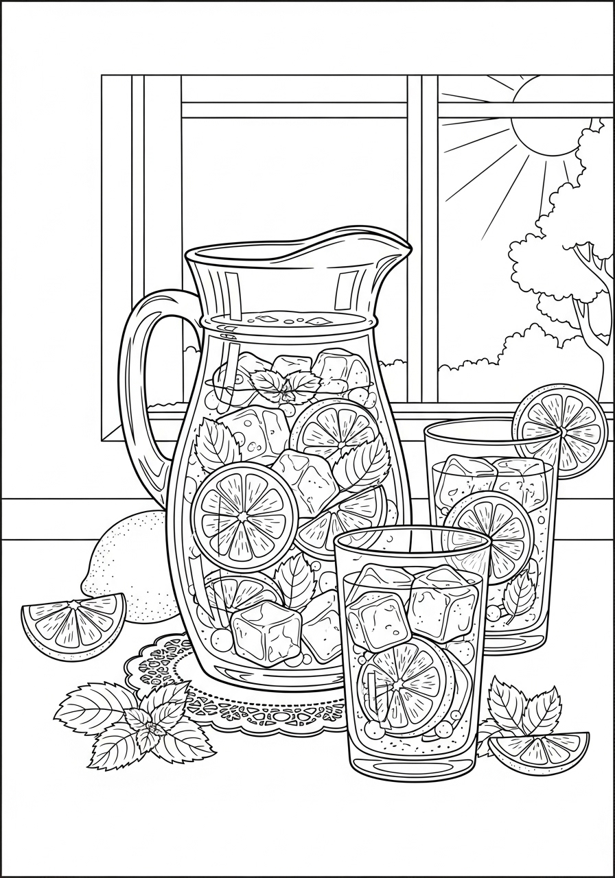 Desenho de Verão de jarra com limonada para imprimir e colorir