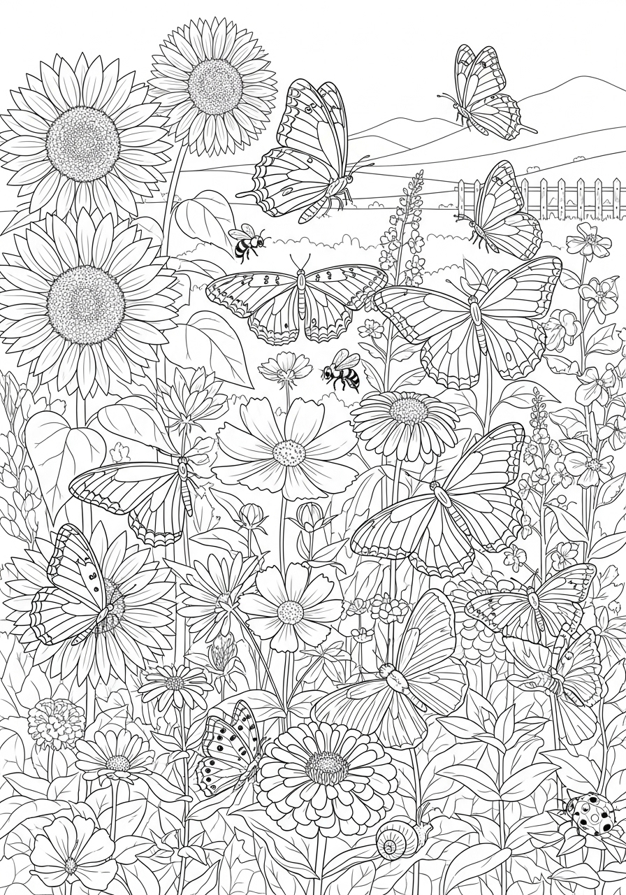 Desenho de Verão com flores e borboletas para imprimir e colorir