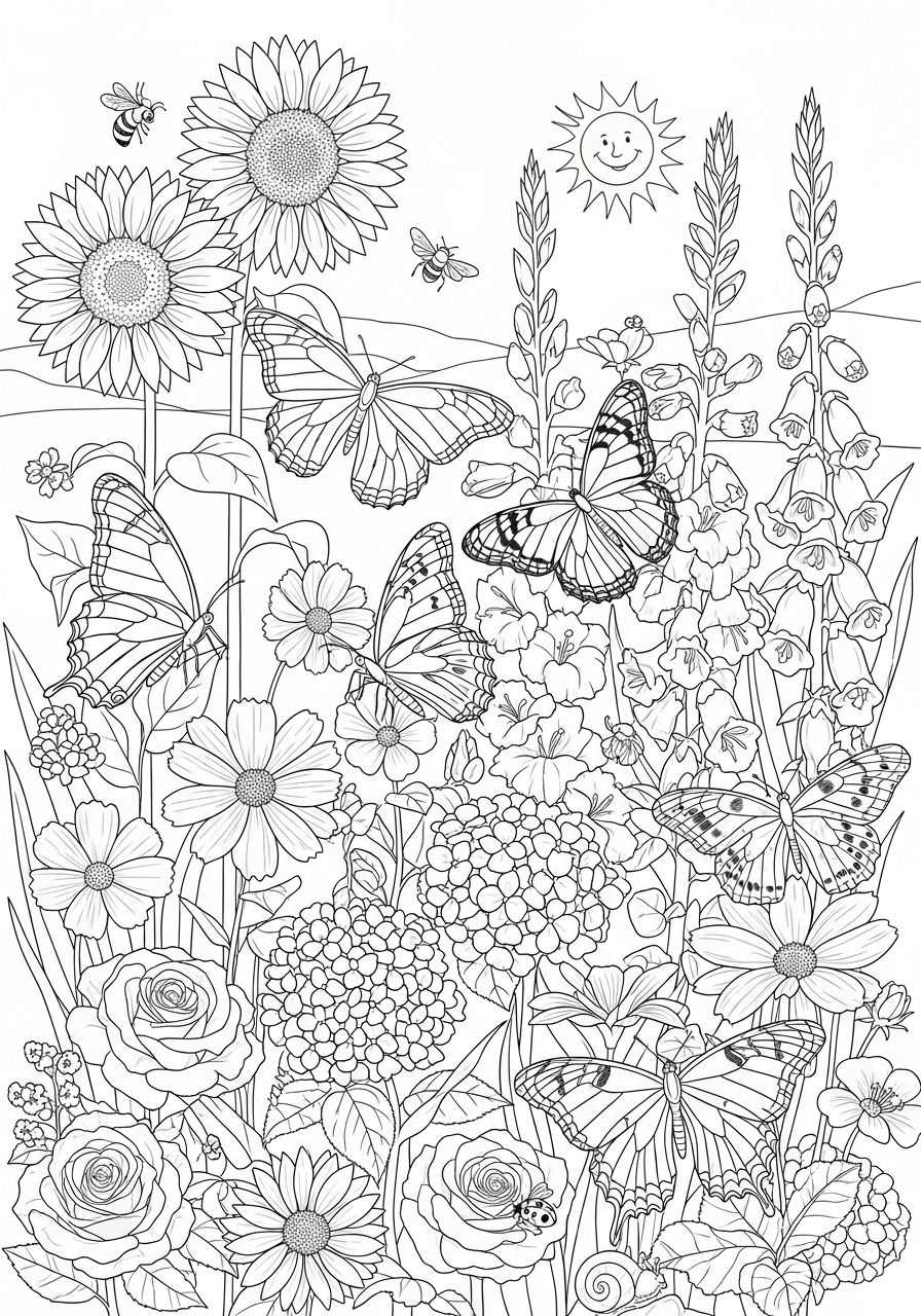 Desenho de Verão com flores e borboletas para colorir e imprimir