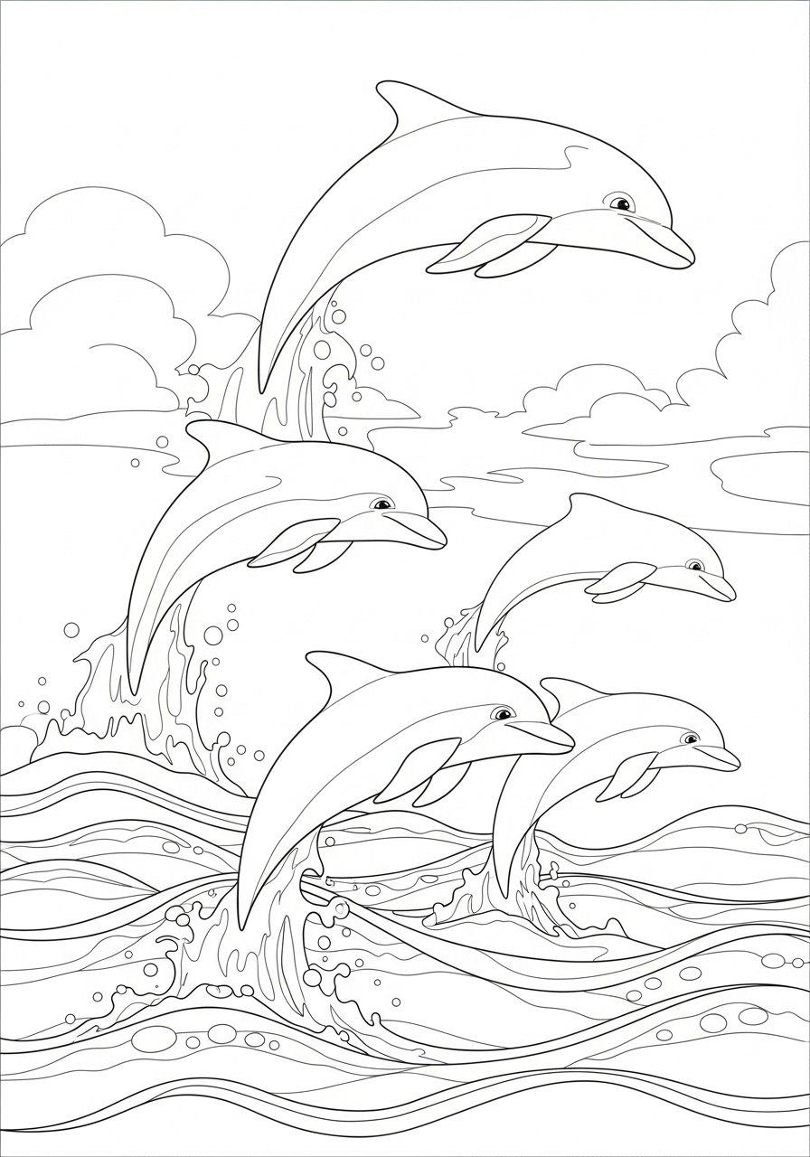 Desenho de Verão golfinhos saltando sobre as ondas para colorir