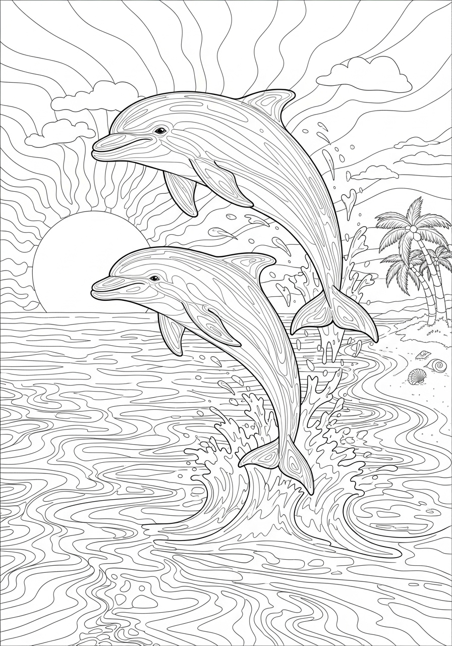 Desenho de Verão golfinhos pulando no mar para imprimir e colorir