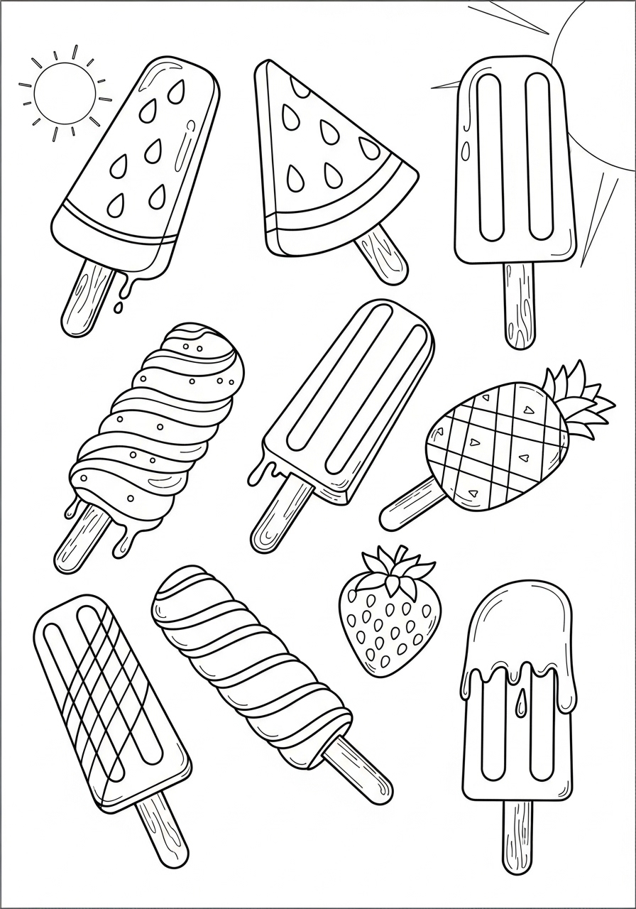 Desenho de Verão picolés e frutas para imprimir e colorir