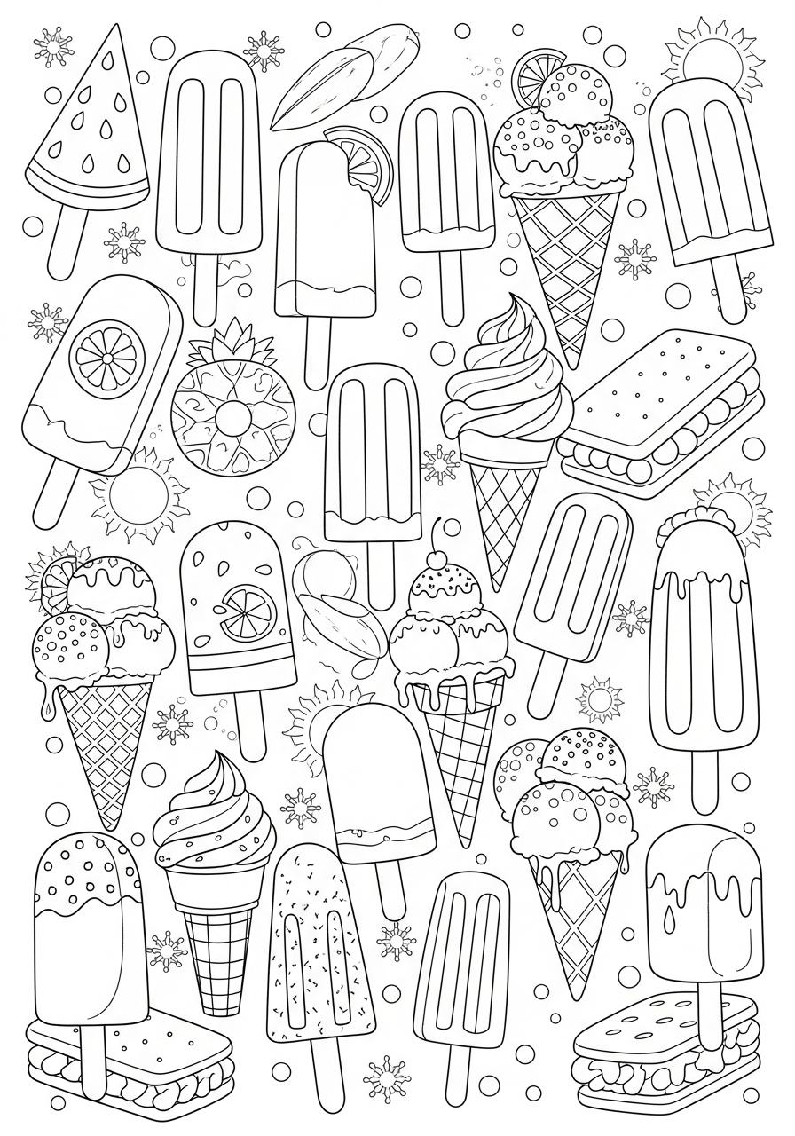 Desenho de Verão sorvetes e picolés para imprimir e colorir