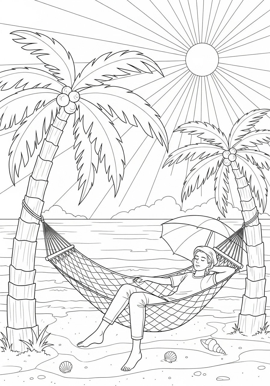 Desenho de Verão pessoa relaxando em rede na praia