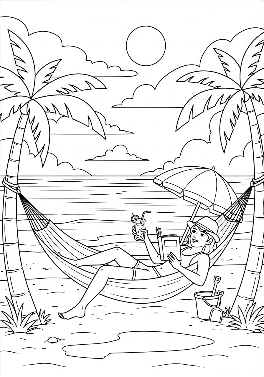 Desenho de Verão mulher relaxando na rede para imprimir e colorir
