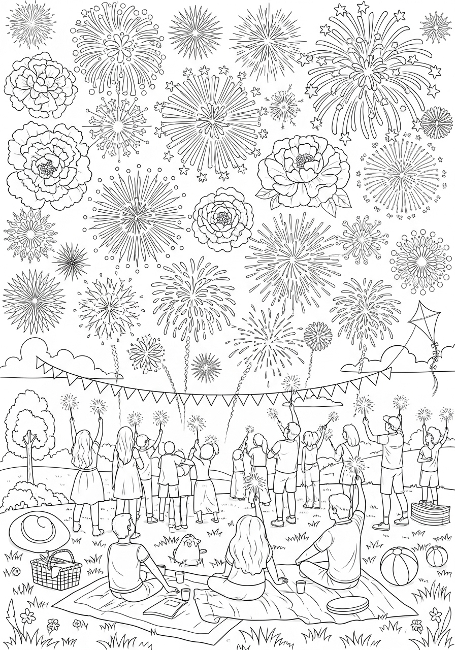 Desenho de Verão com fogos de artifício para colorir