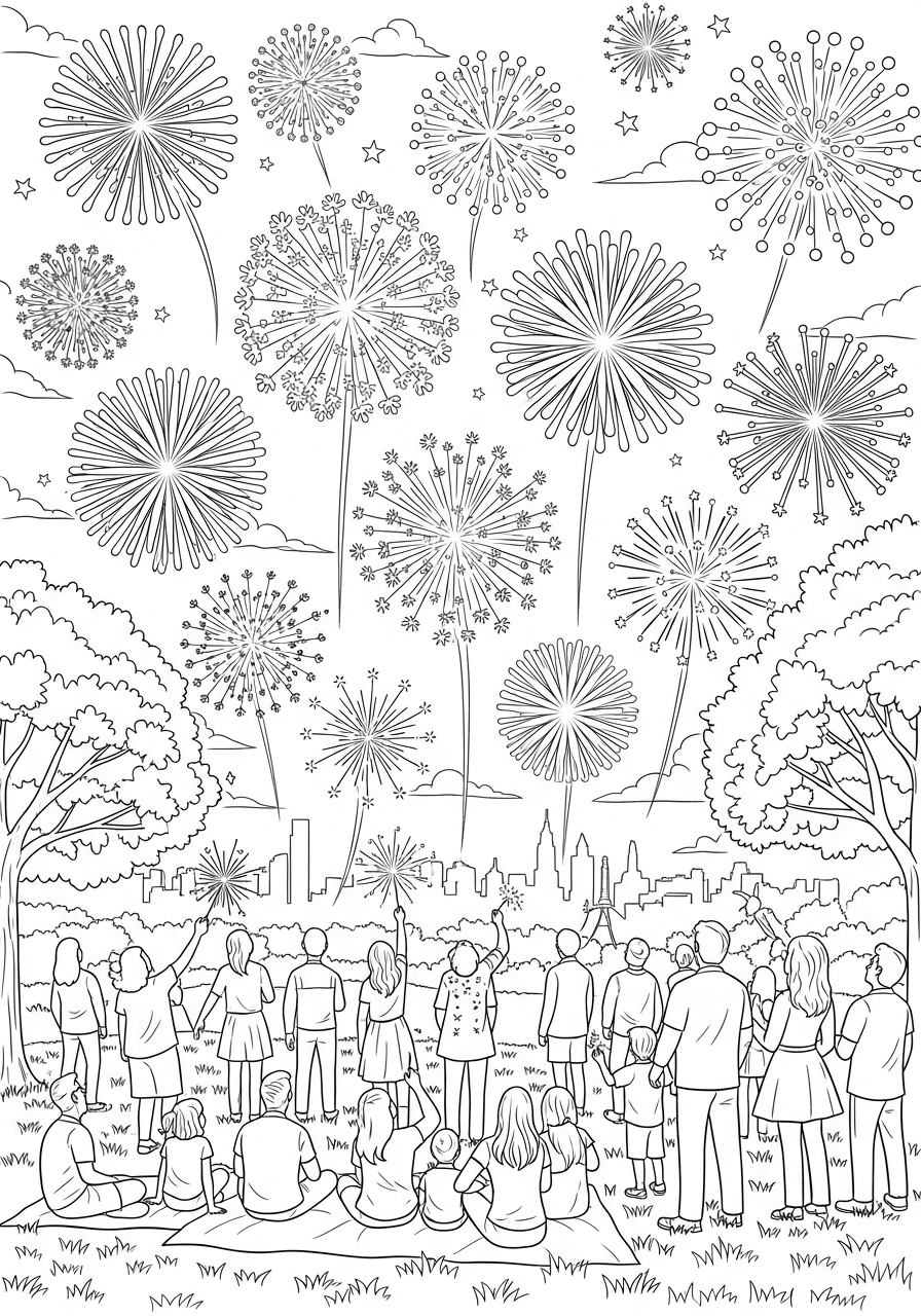 Desenho de Verão com fogos de artifício para imprimir e colorir