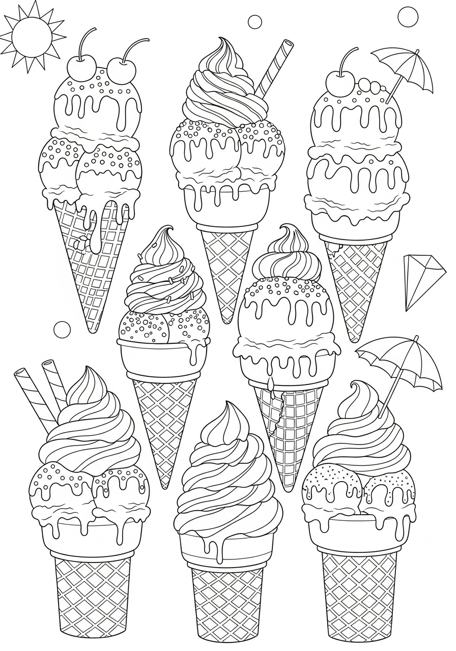 Desenho de Verão sorvetes divertidos para imprimir e colorir