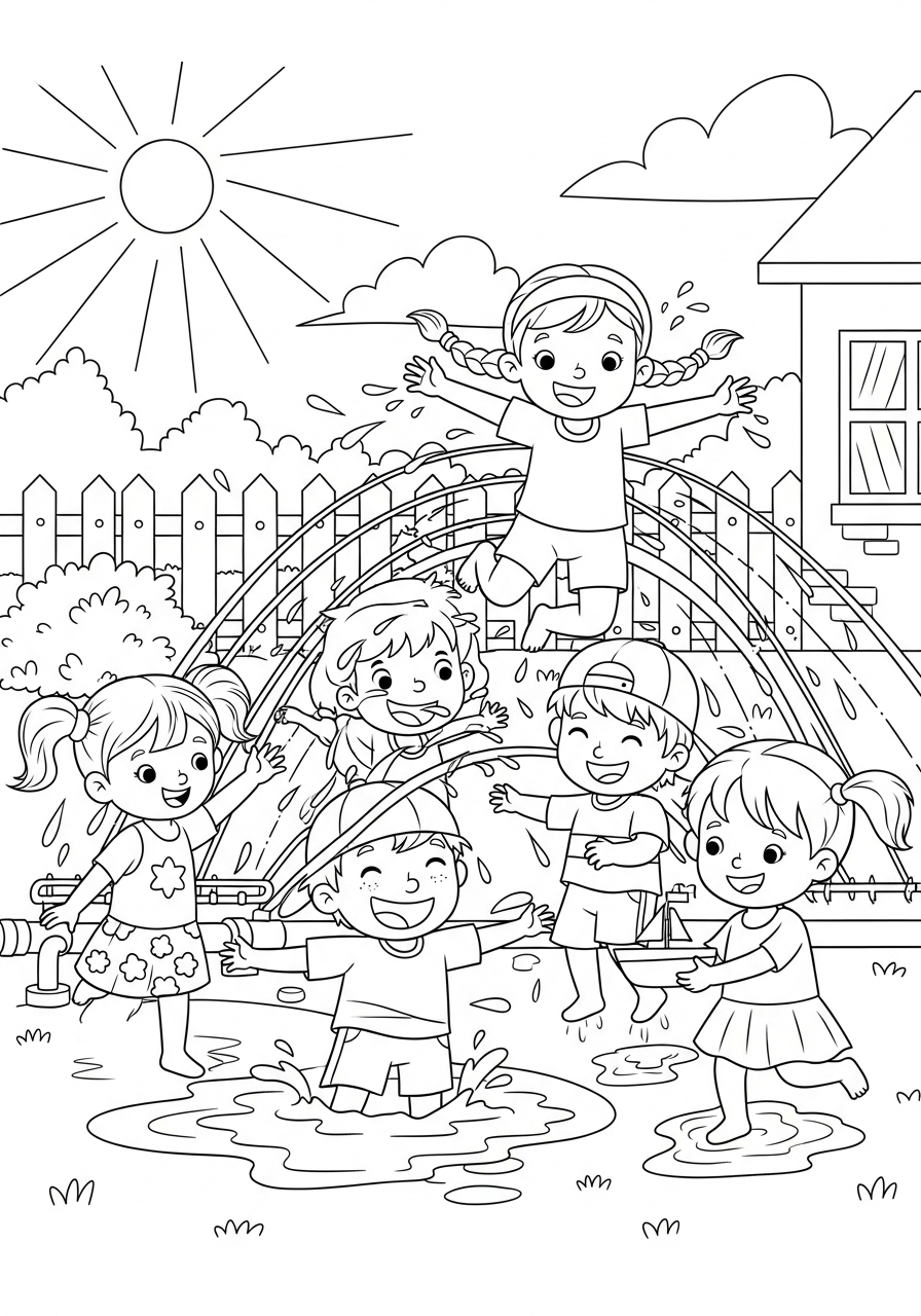 Desenho de crianças se divertindo no verão para imprimir e colorir