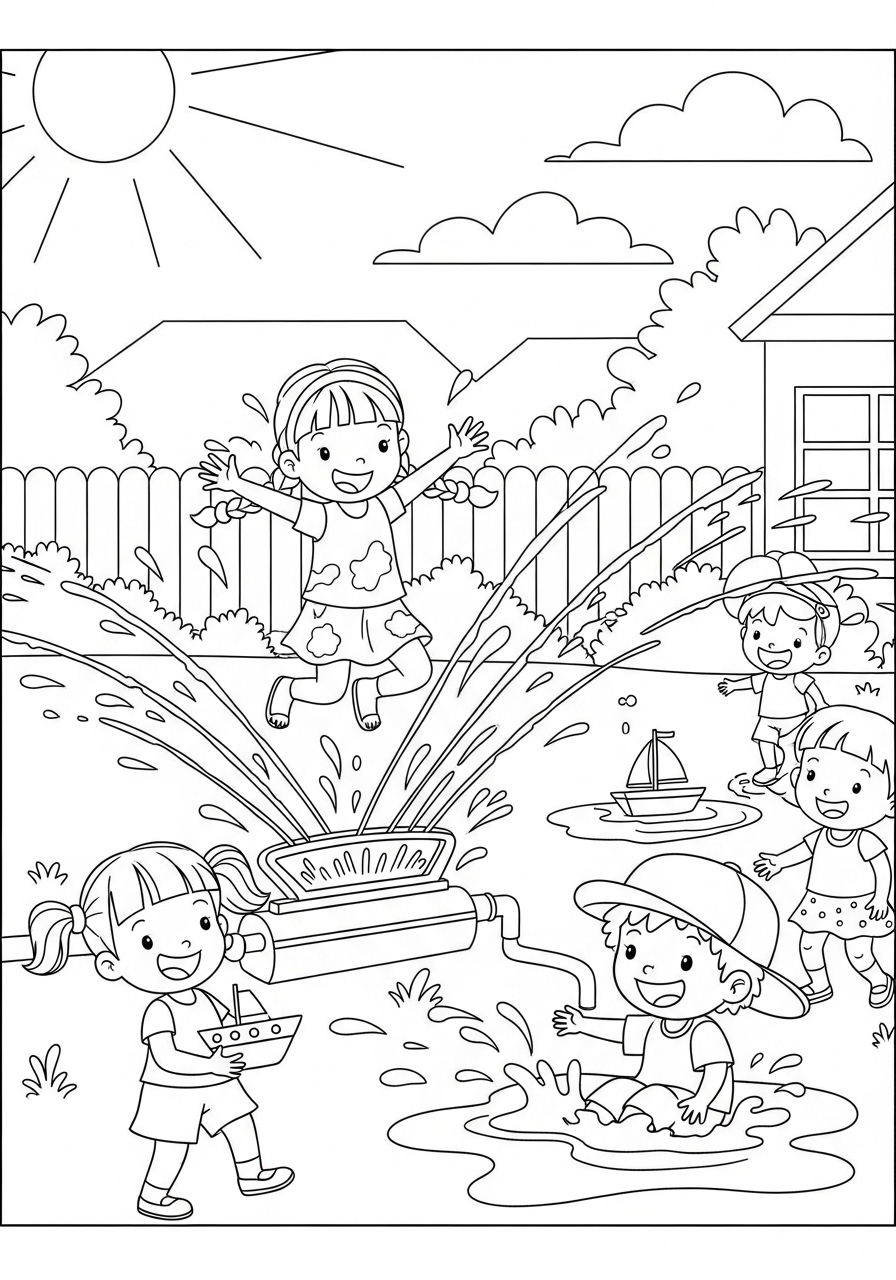 Desenho de Verão crianças brincando na água para imprimir