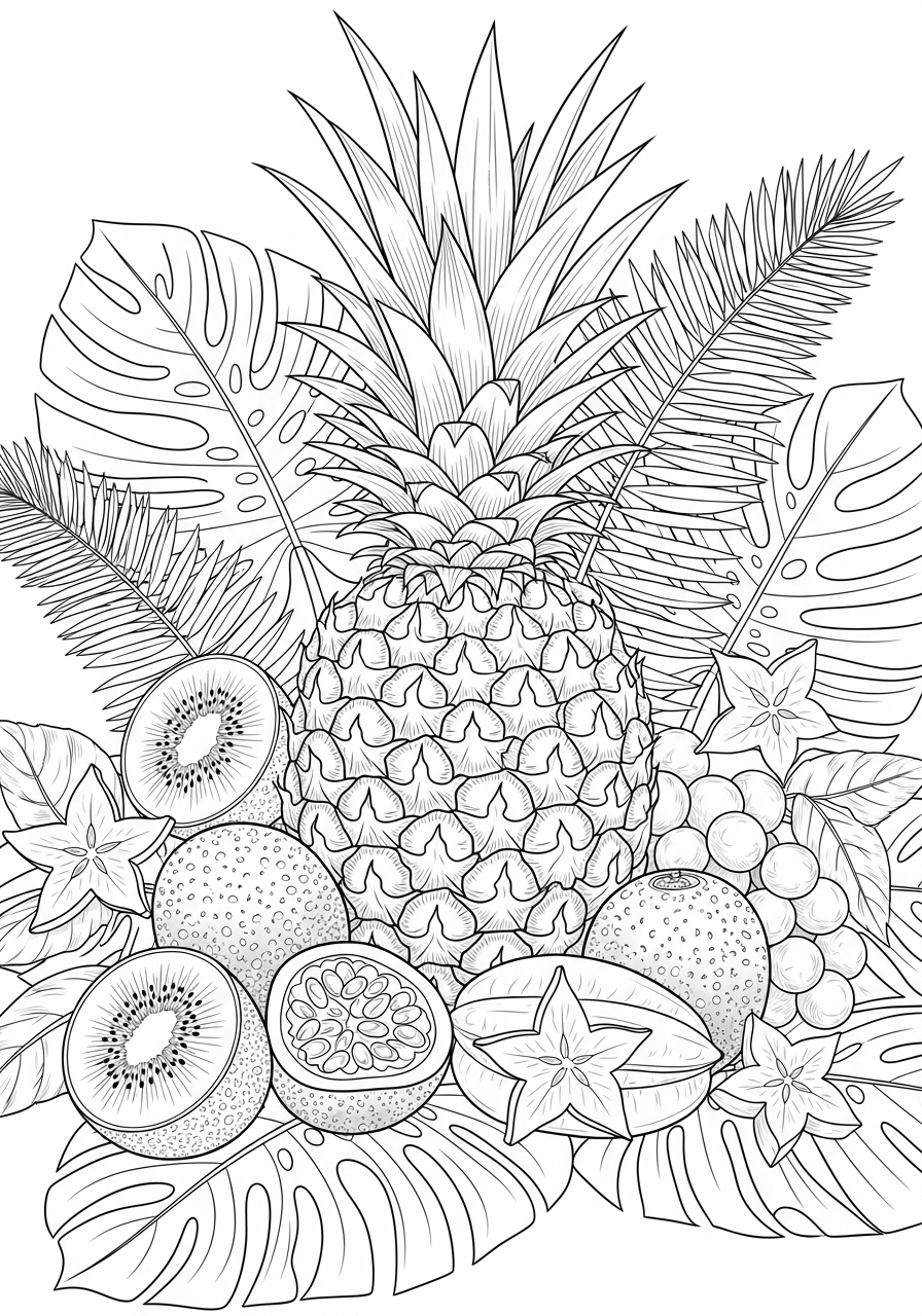 Desenho de Verão de frutas tropicais para imprimir e colorir