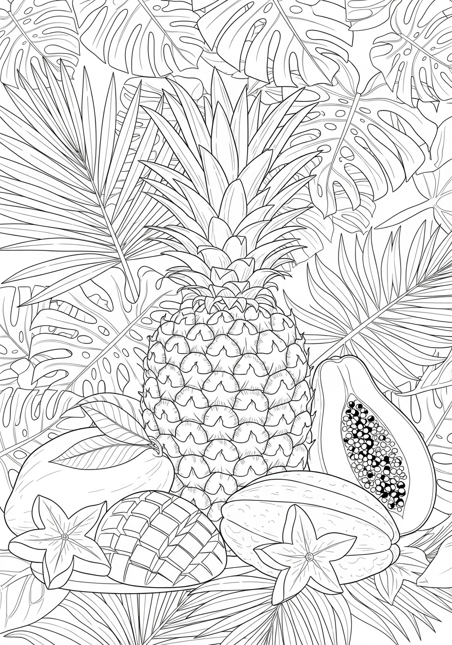 Desenho de Verão abacaxi e frutas tropicais para colorir