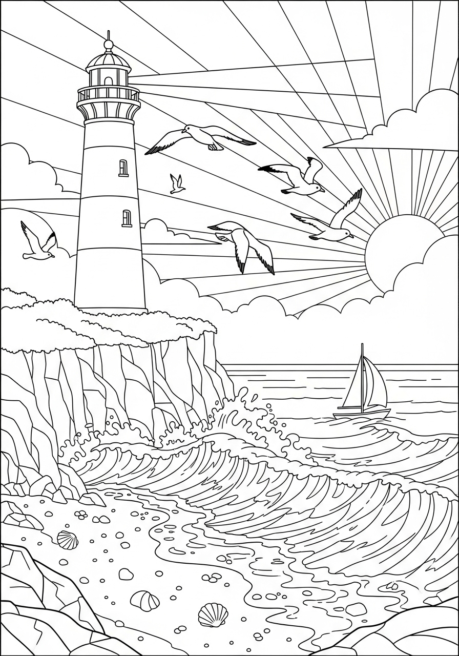 Desenho de Verão farol na costa para imprimir e colorir