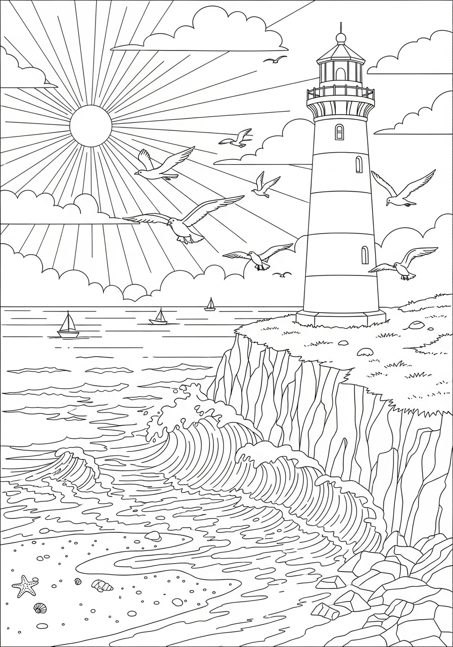 Desenho de Verão farol na costa para imprimir e colorir
