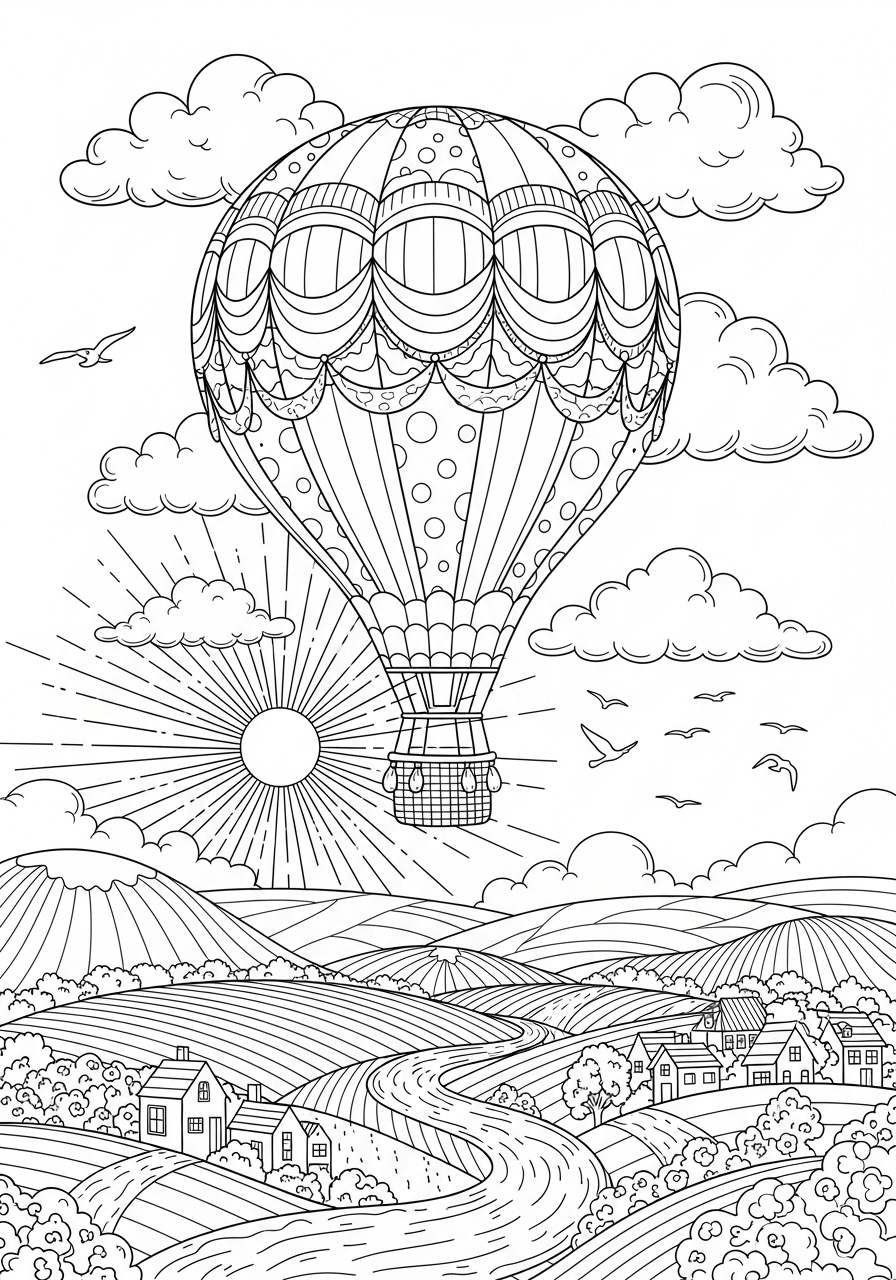 Desenho de Verão balão de ar quente paisagens para imprimir