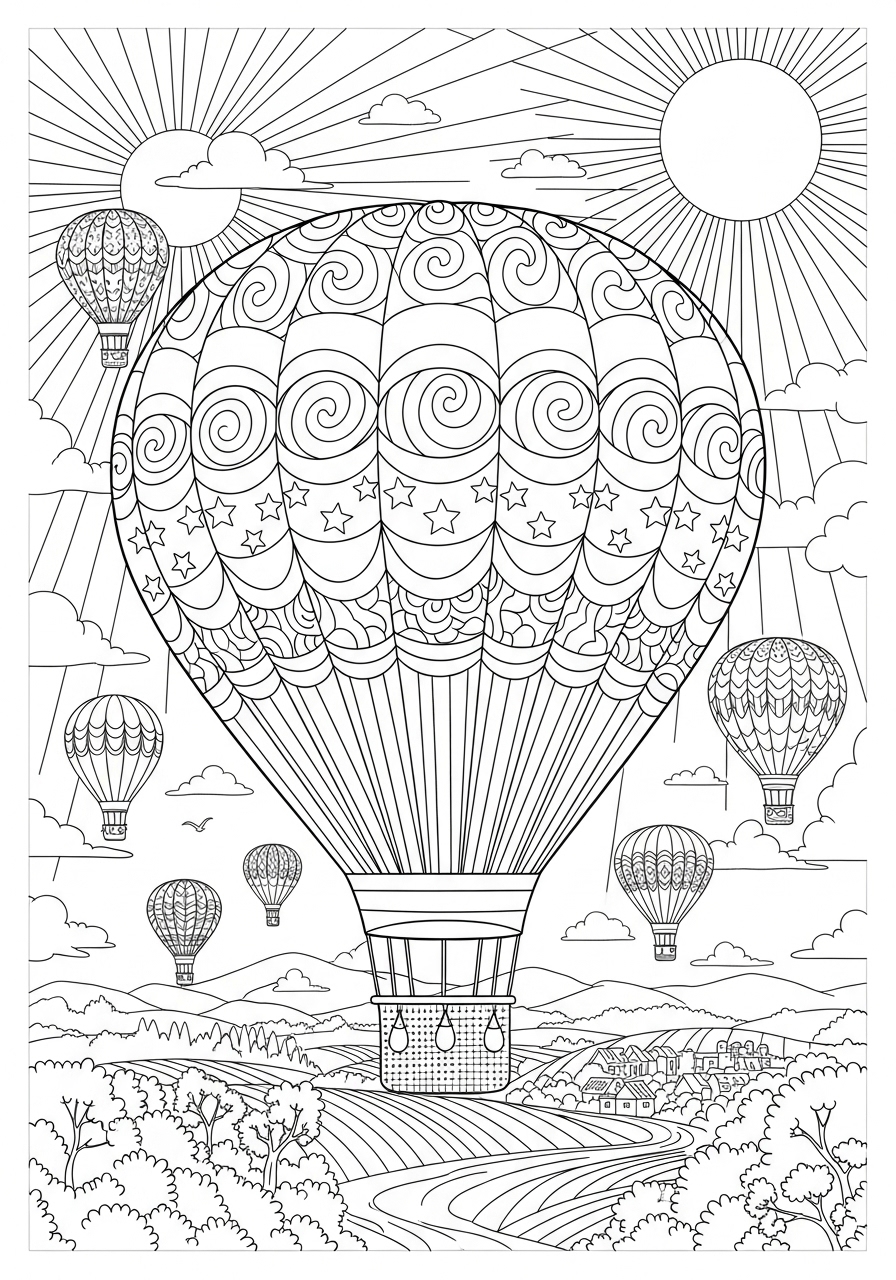 Desenho de Verão com balões de ar quente para colorir