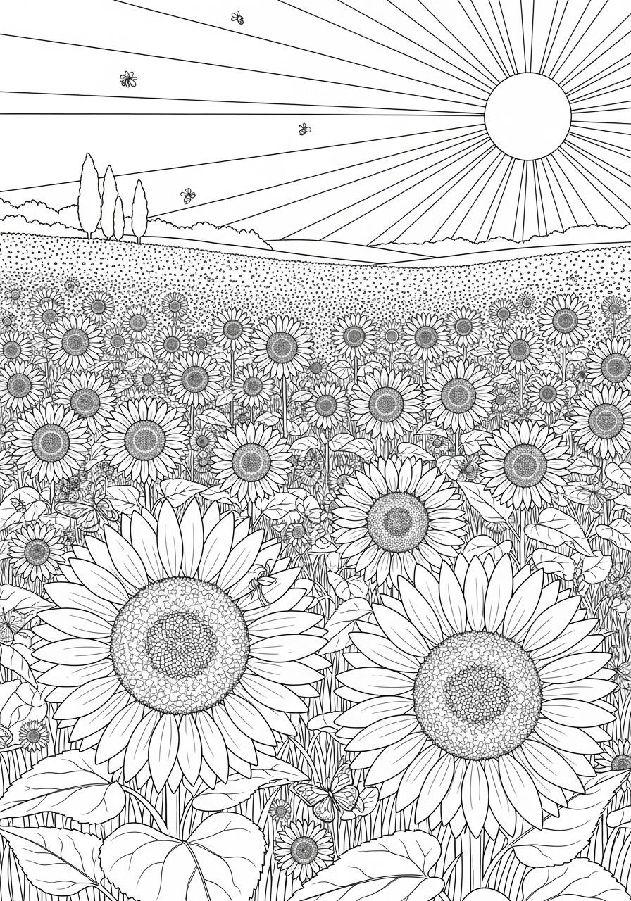 Desenho de Verão campo de girassóis para imprimir e colorir