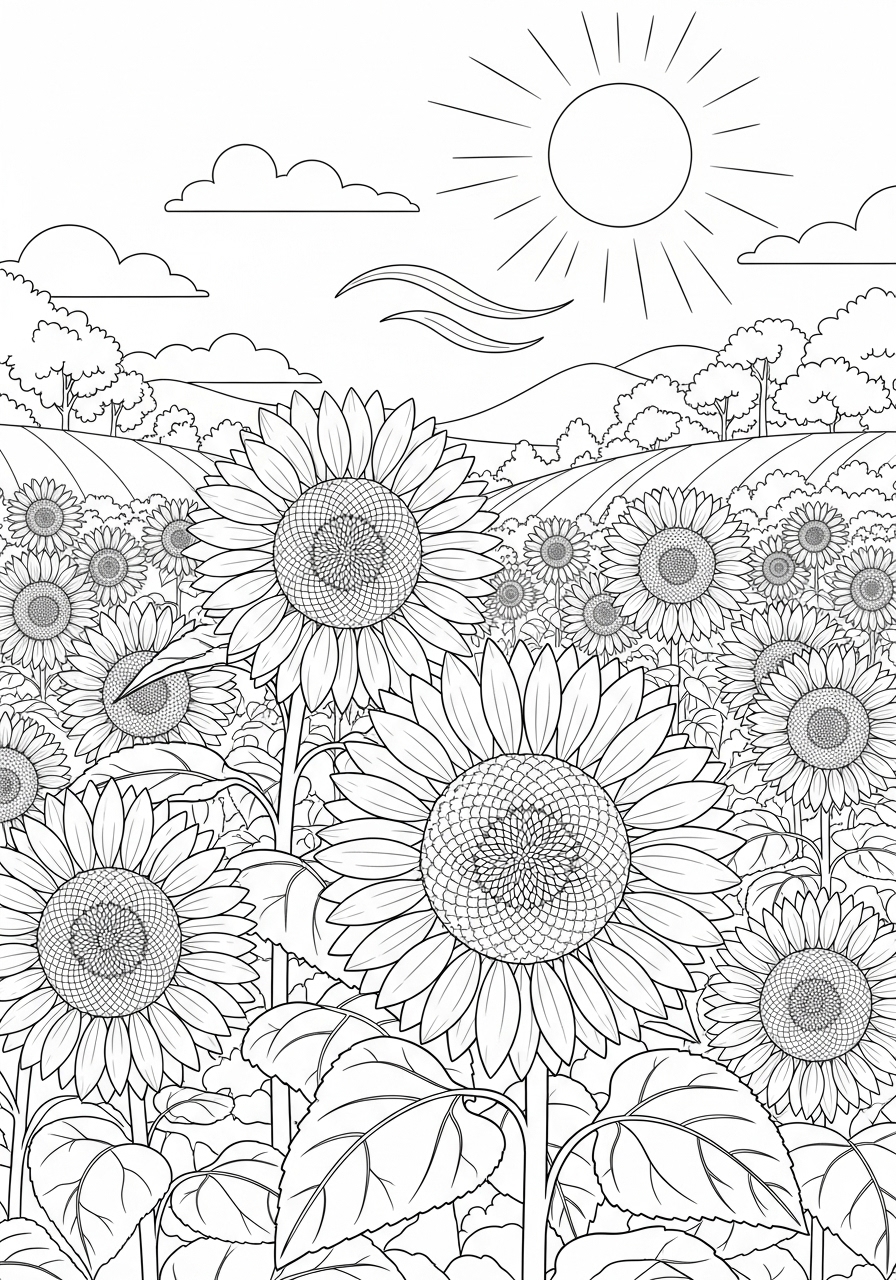 Desenho de Verão campo de girassóis para imprimir e colorir