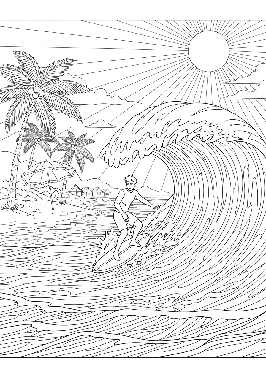 Desenho de Verão surfista na praia para imprimir e colorir