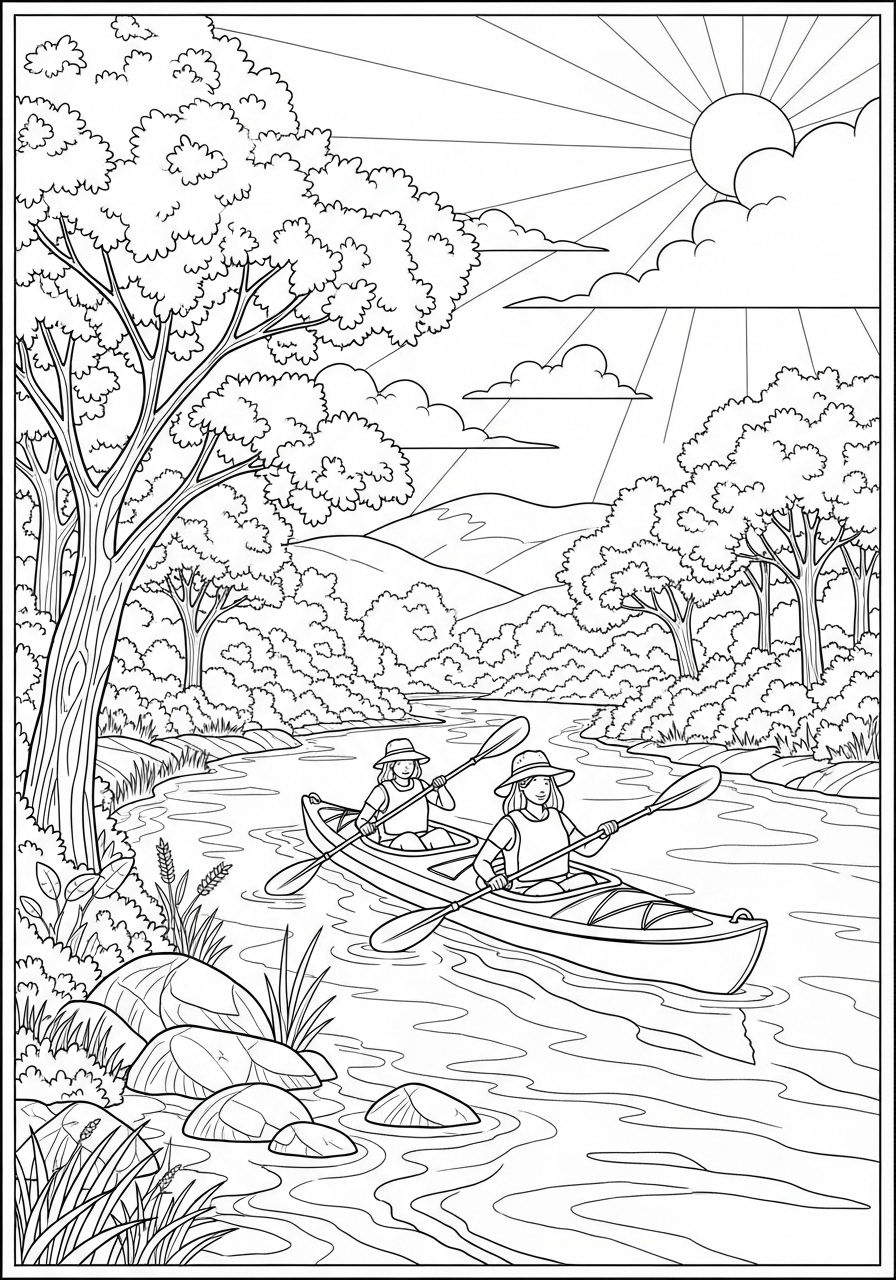 Desenho de Verão caiaque no rio para imprimir e colorir