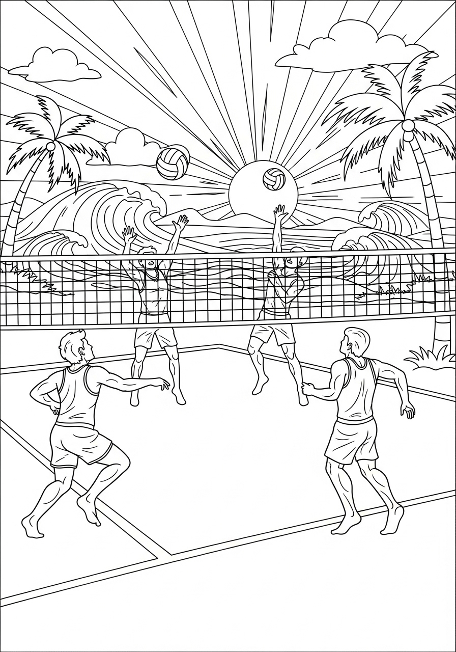 Desenho de Verão jogando vôlei na praia para imprimir e colorir
