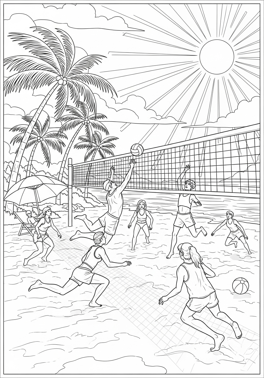 Desenho de Verão jogo de vôlei na praia para imprimir e colorir