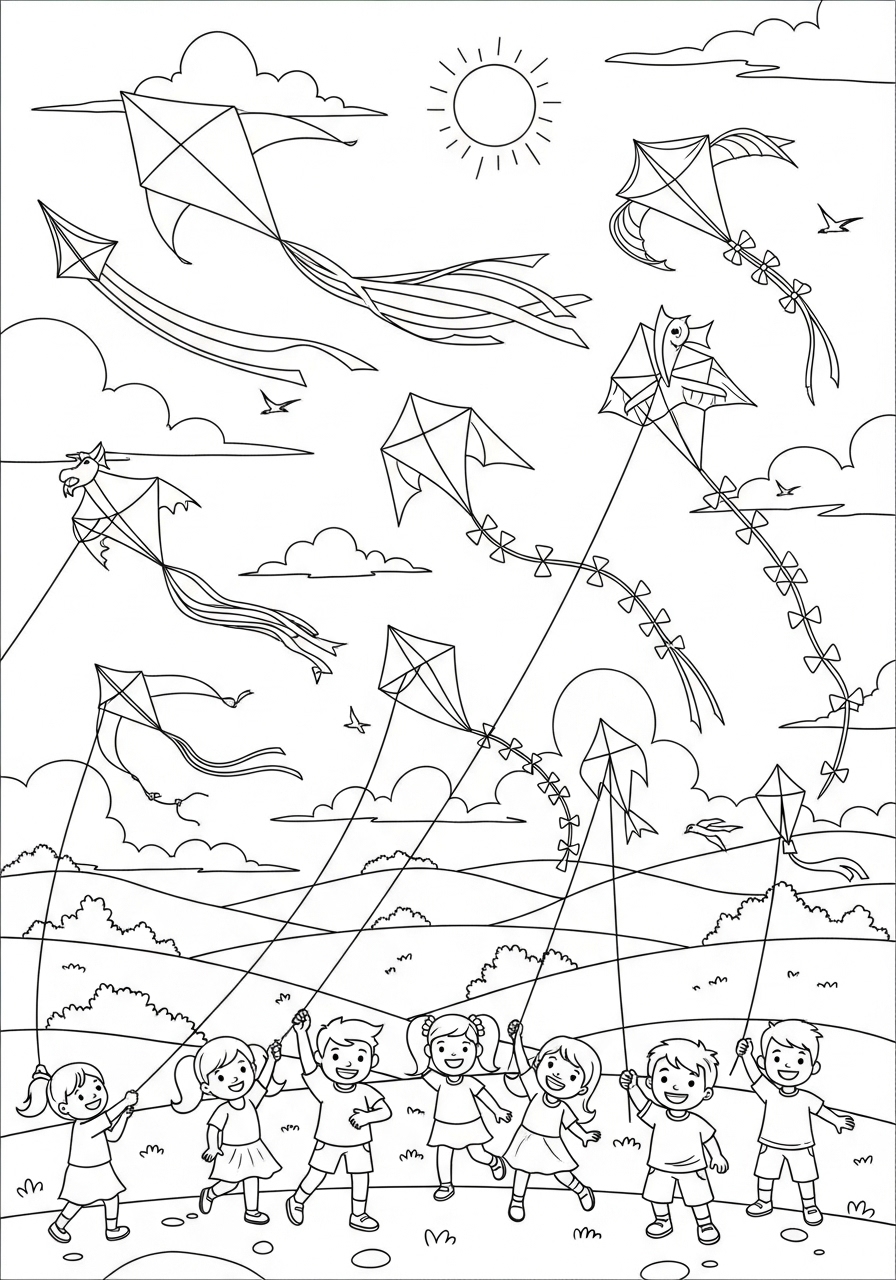 Desenho de Verão crianças soltas empinando pipas para colorir