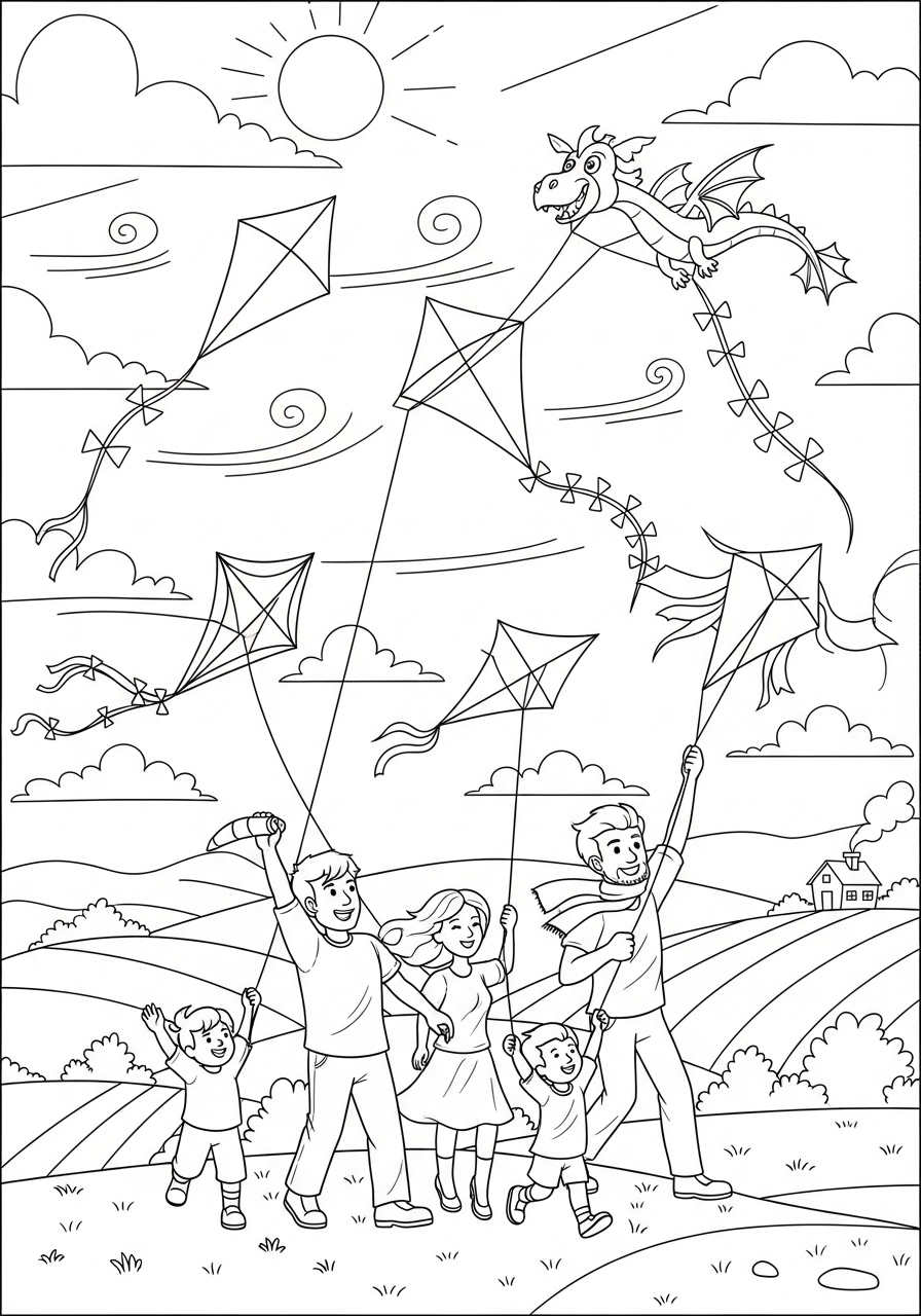 Desenho de Verão de crianças empinando pipas para colorir