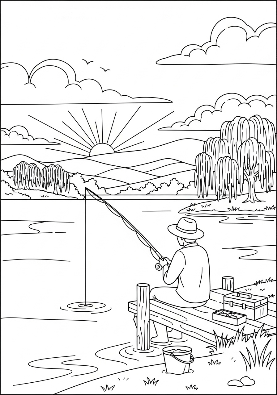 Desenho de Verão pescando junto ao lago para imprimir e colorir