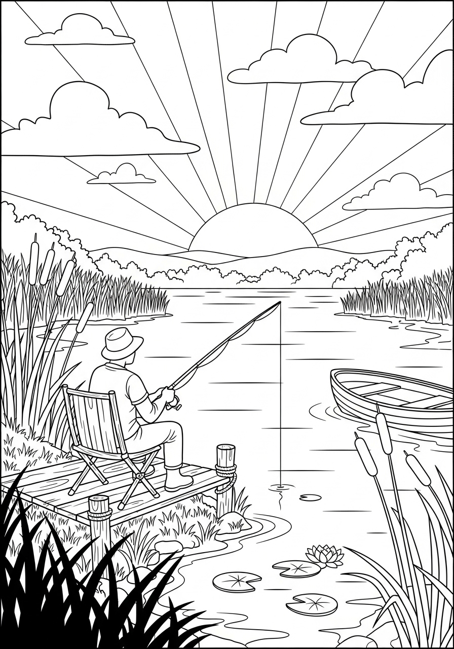 Desenho de Verão pescando no lago para imprimir e colorir