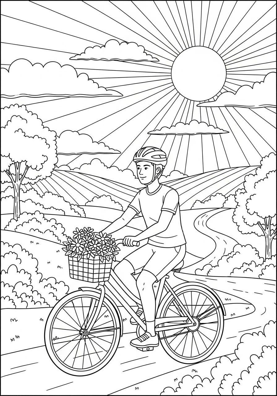 Desenho de Verão ciclista na estrada para imprimir e colorir