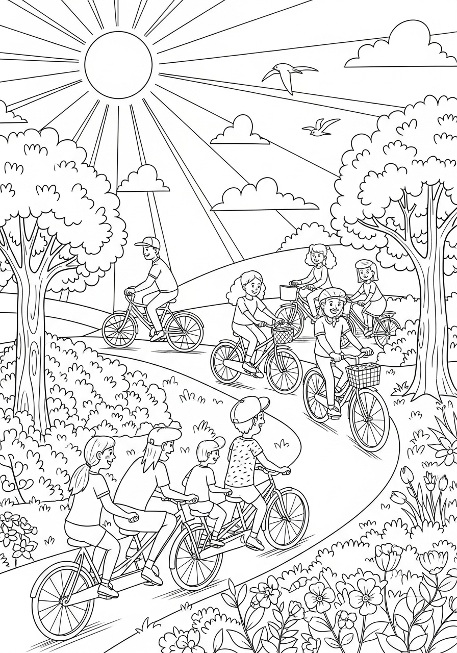 Desenho de Verão pessoas de bicicleta em um dia ensolarado