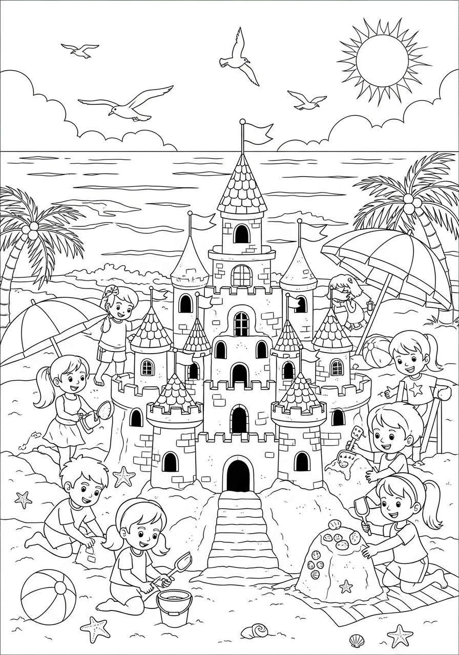 Desenho de Verão crianças construindo castelo de areia