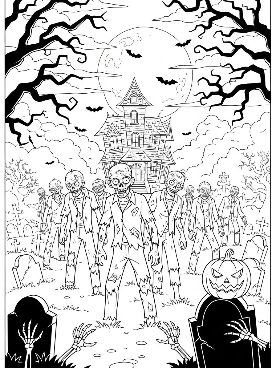Desenho de Zombi em um cemitério para colorir