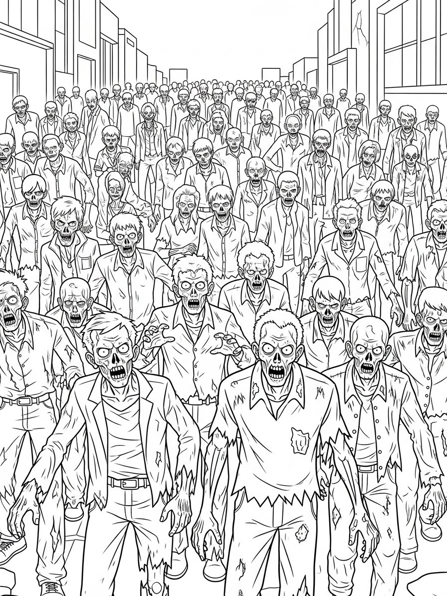 Desenho de Zombi em multidão para colorir