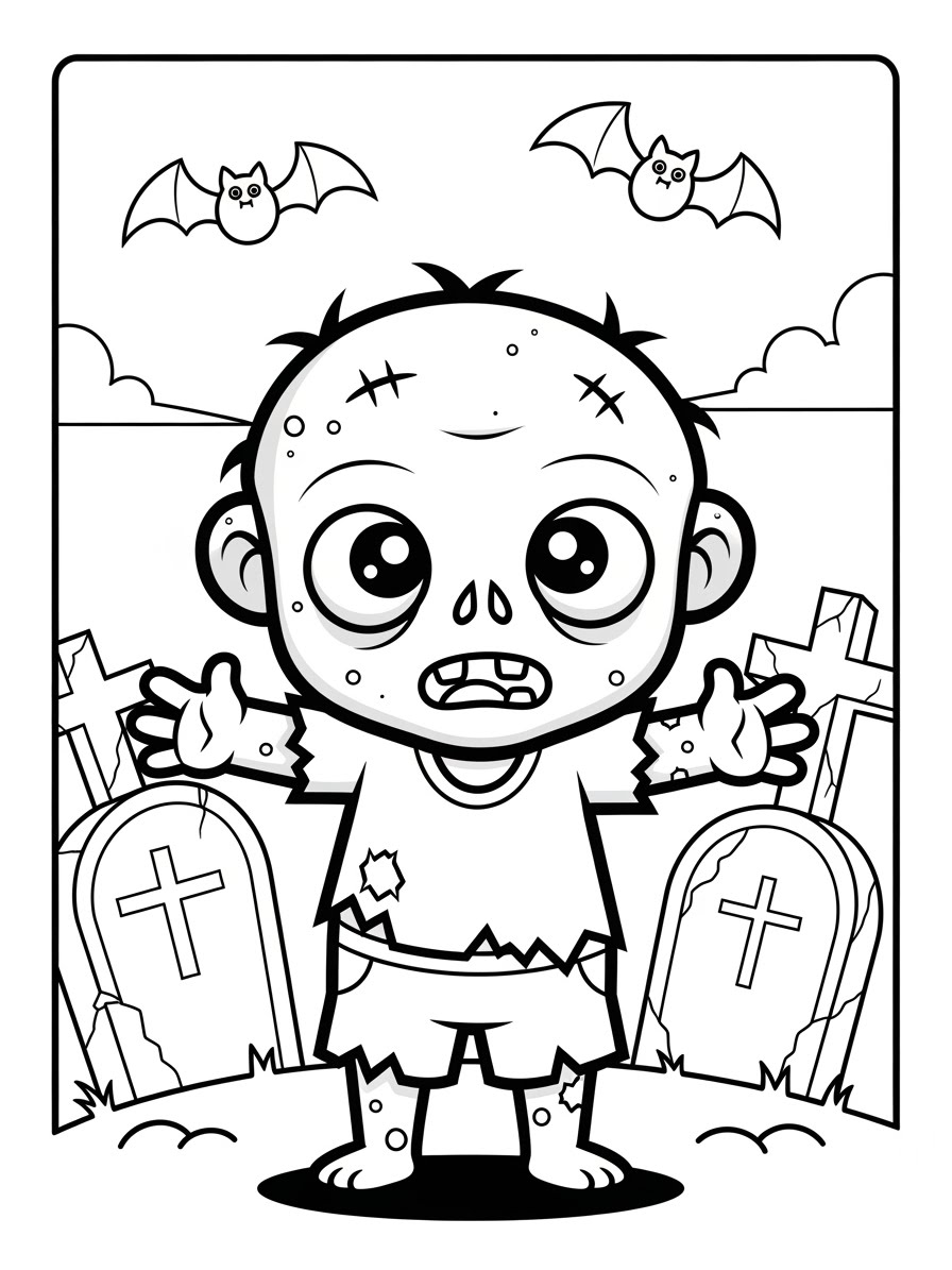Desenho de Zombi com túmulos e morcegos para colorir