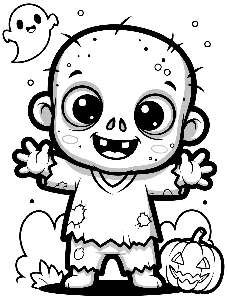 Desenho de Zombi fofo com abóbora e fantasma para colorir