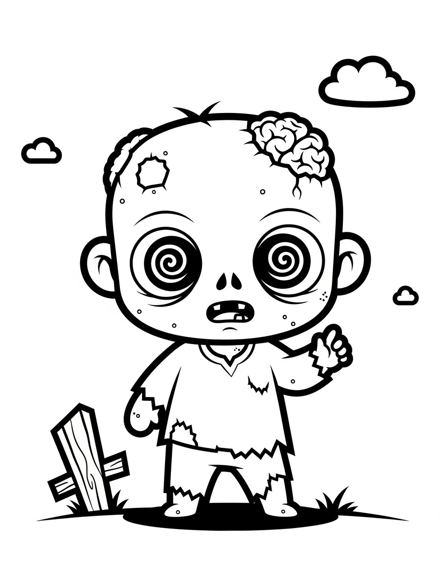 Desenho de Zombi fofo com olhos espirais para colorir