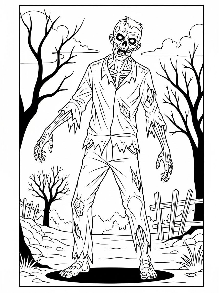 Desenho de Zombi em um cenário assustador para colorir