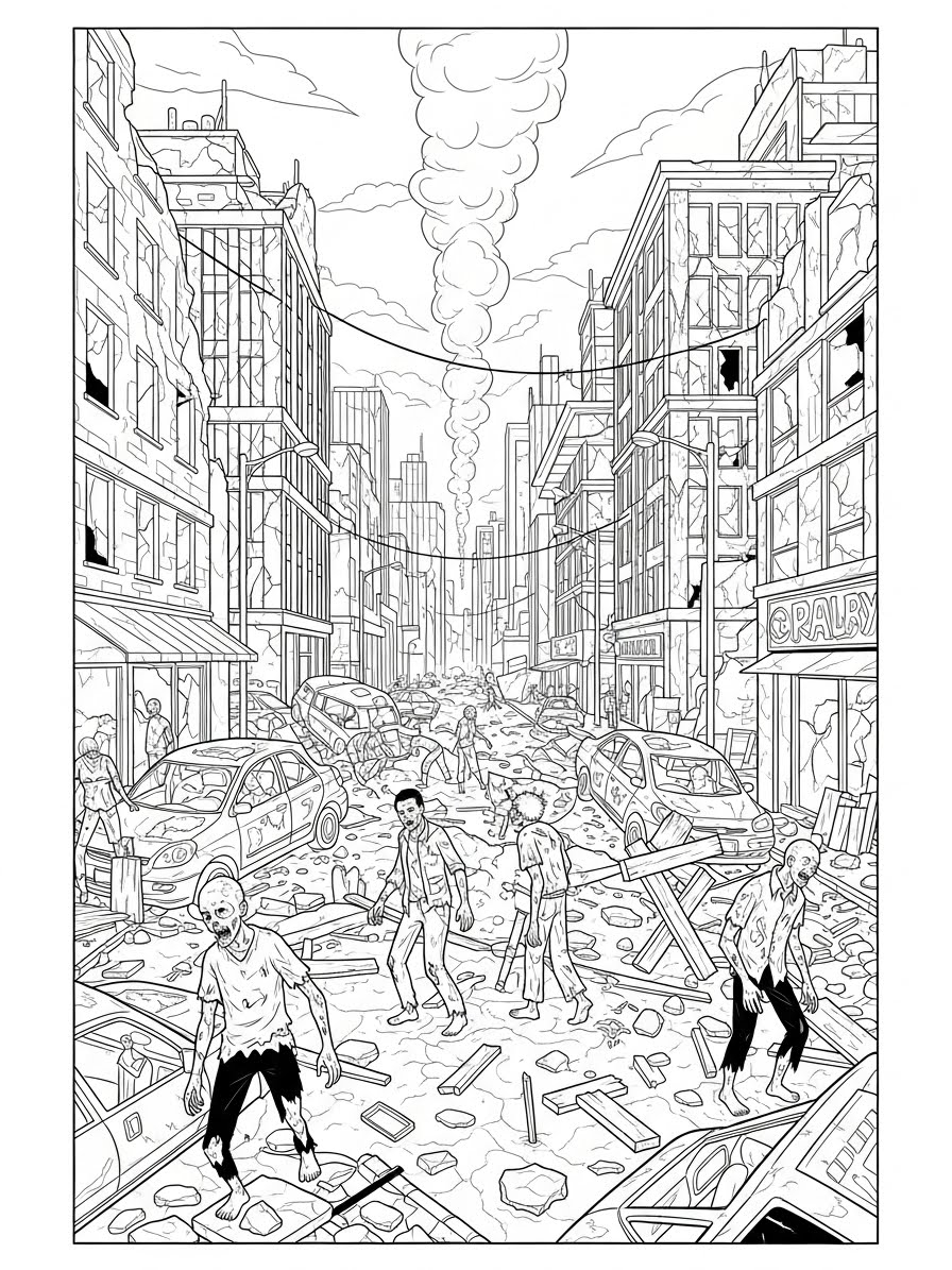 Desenho de Zombi em uma cidade destruída para colorir