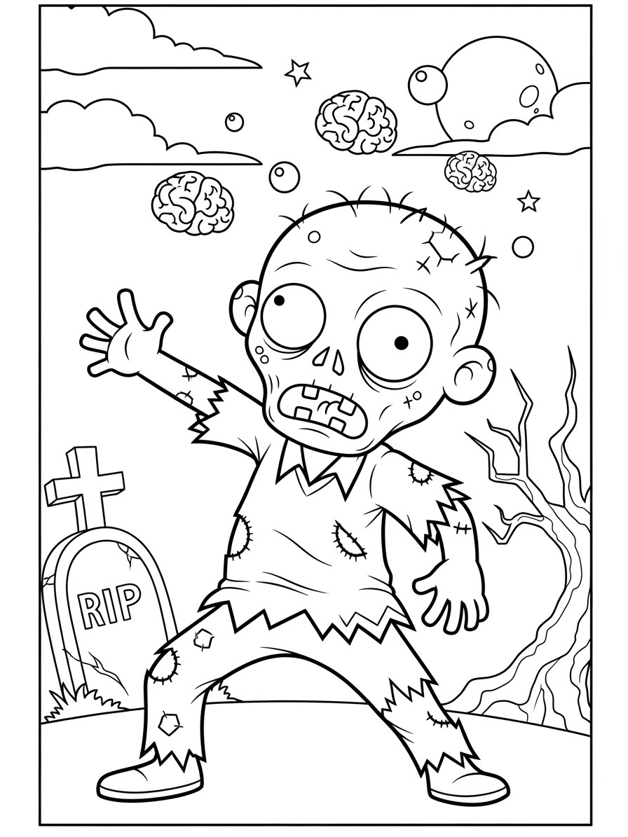 Desenho de Zombi com cérebro e tumba para colorir