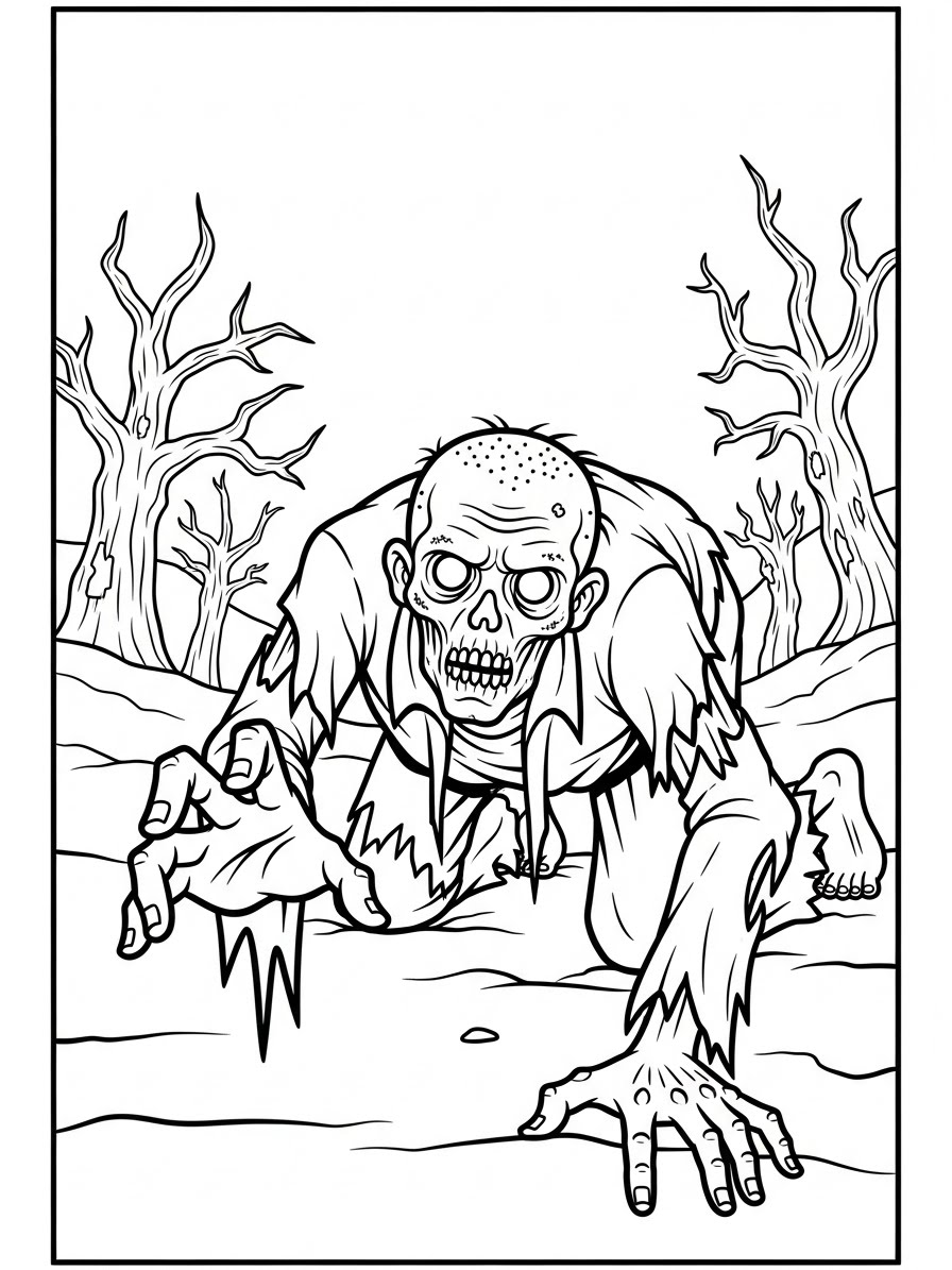Desenho de Zombi rastejando em um cenário de deserto para colorir
