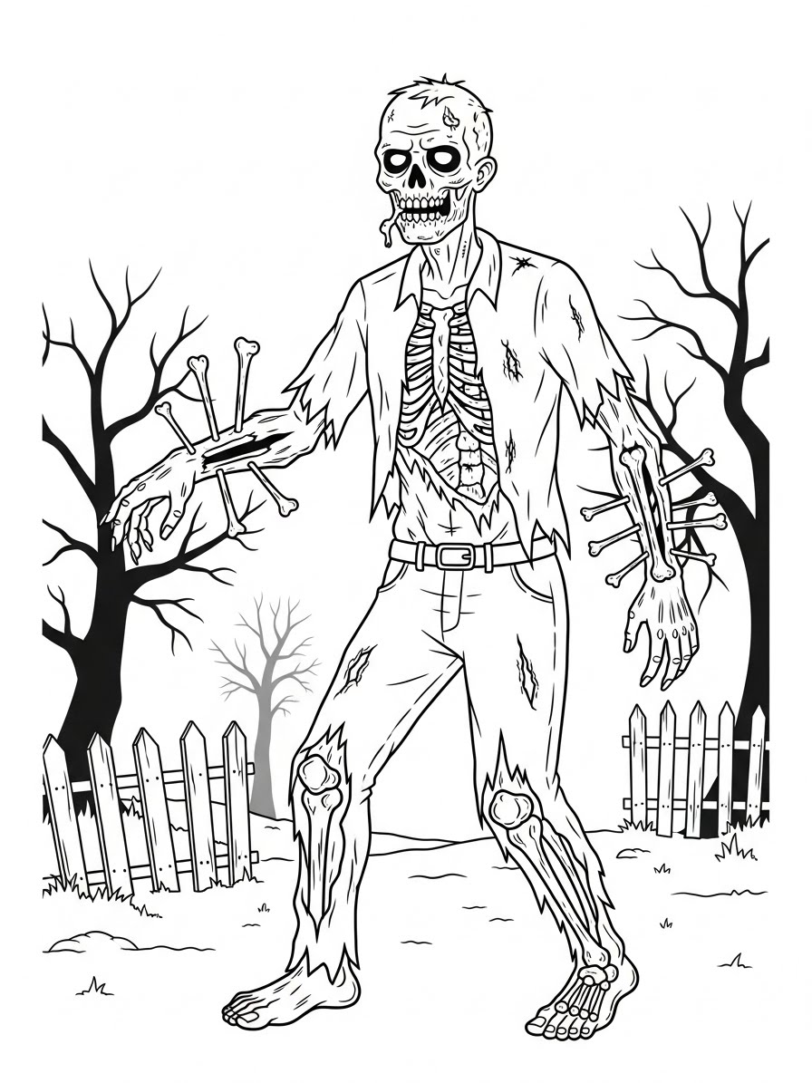 Desenho de Zombi com ossos aparentes para colorir