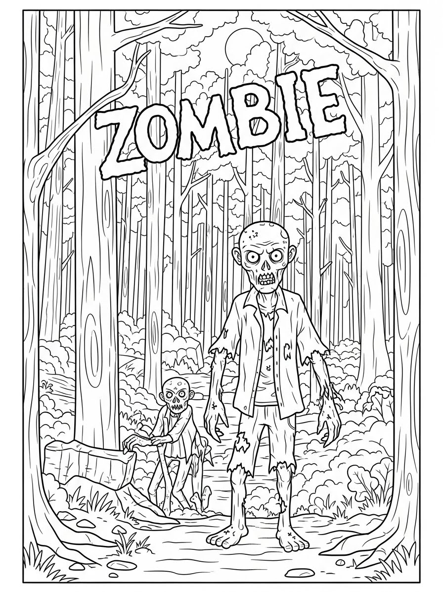 Desenho de Zombi na floresta com duas criaturas para colorir