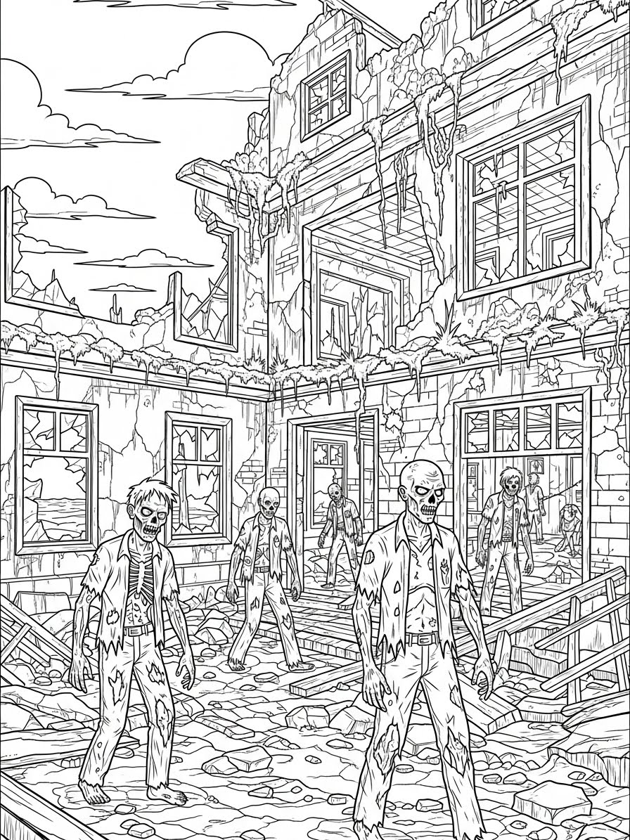 Desenho de Zombi em prédio abandonado para colorir