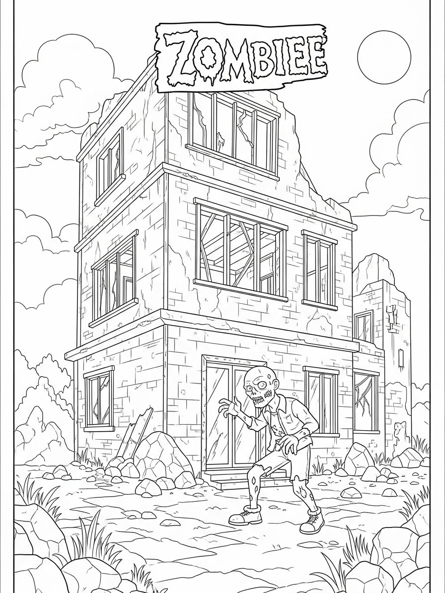 Desenho de Zombi em frente a casa abandonada para colorir