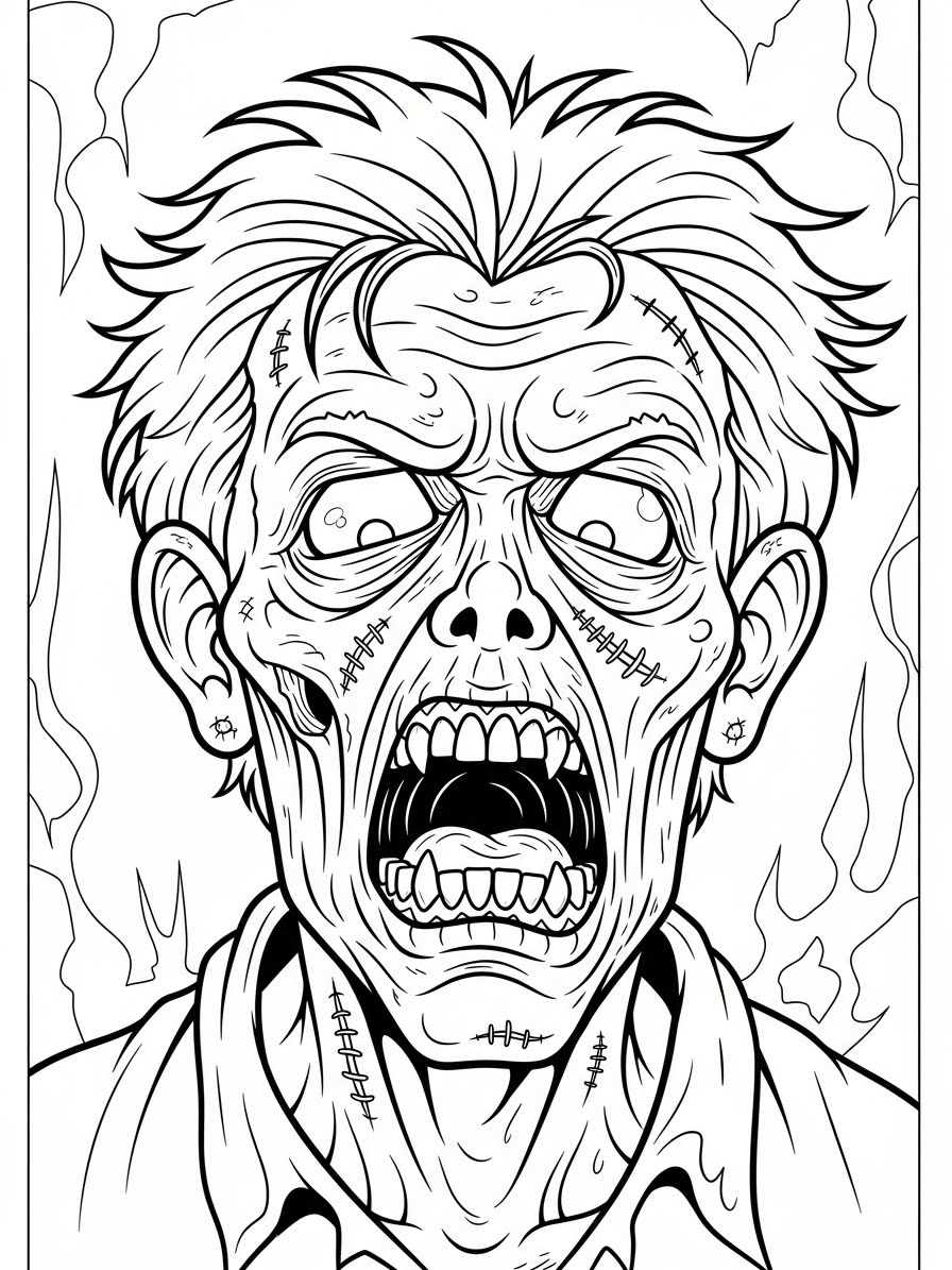 Desenho de Zombi assustador com cabelo bagunçado para colorir