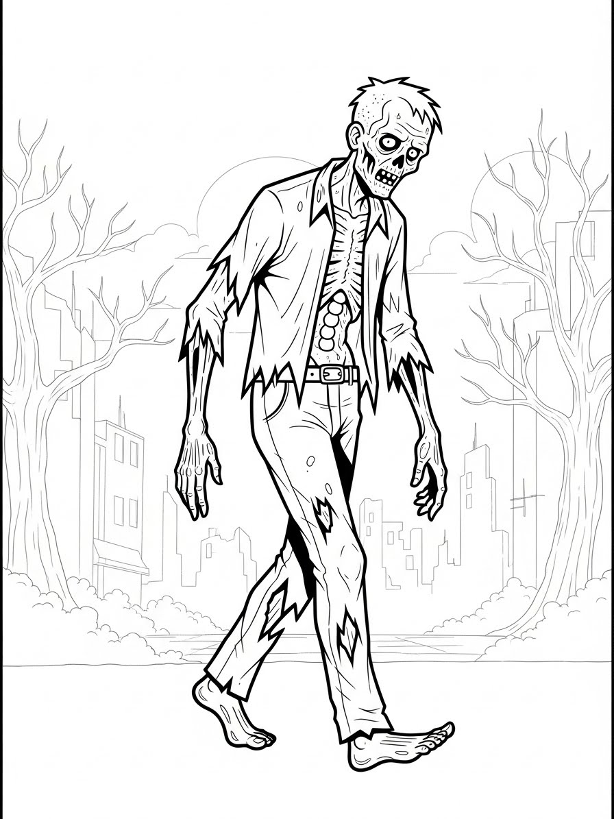 Desenho de Zombi caminhando pela cidade para colorir