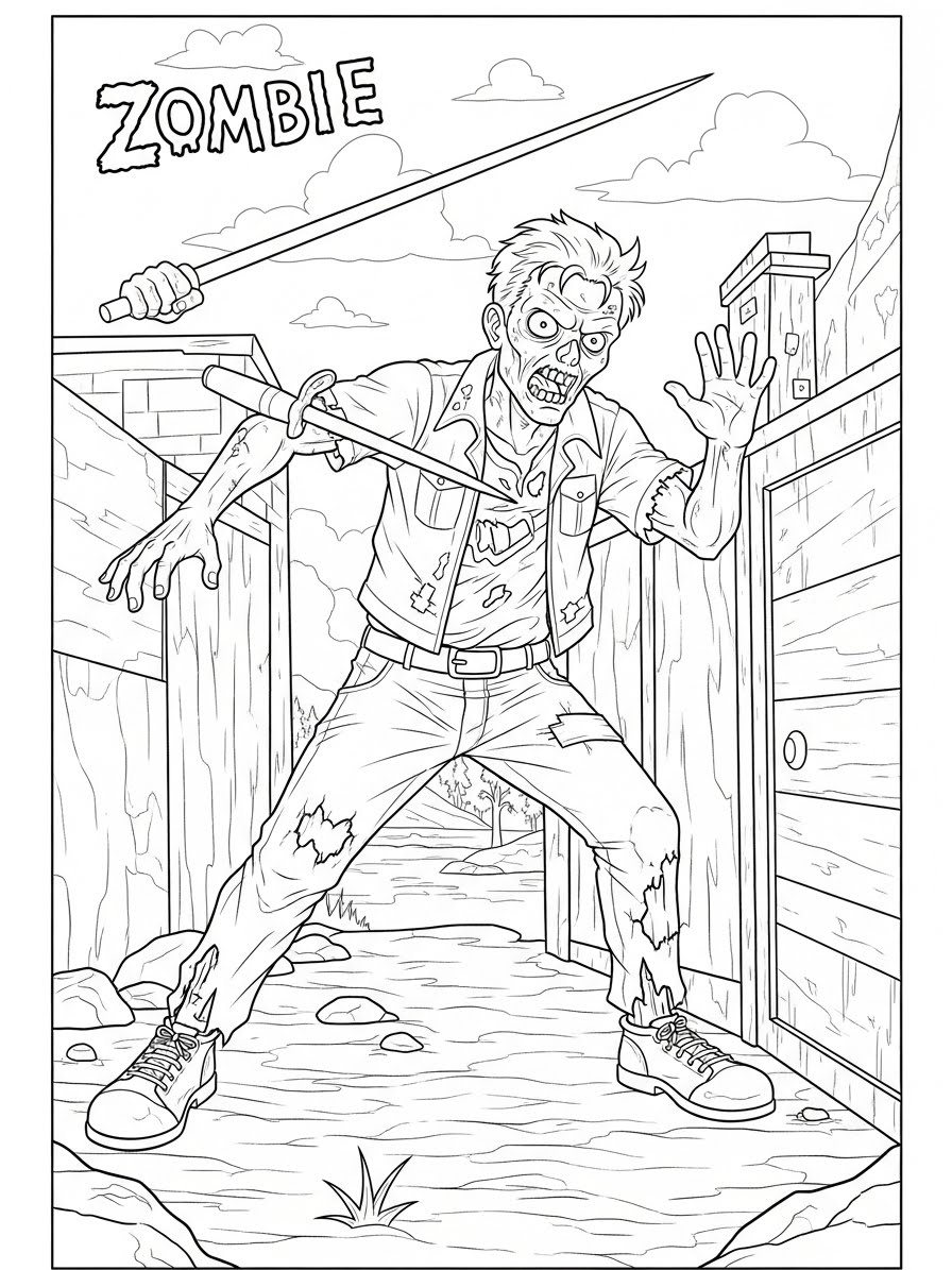 Desenho de Zombi em rua deserta para colorir