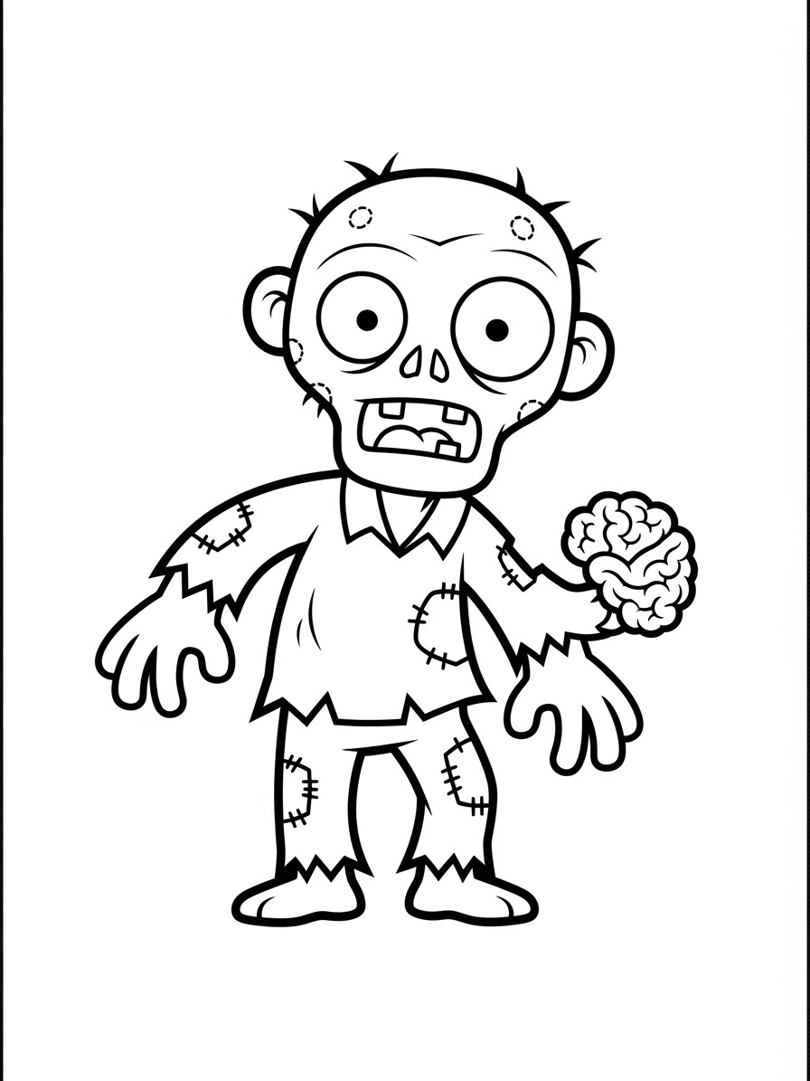 Desenho de Zombi com cérebro na mão para colorir
